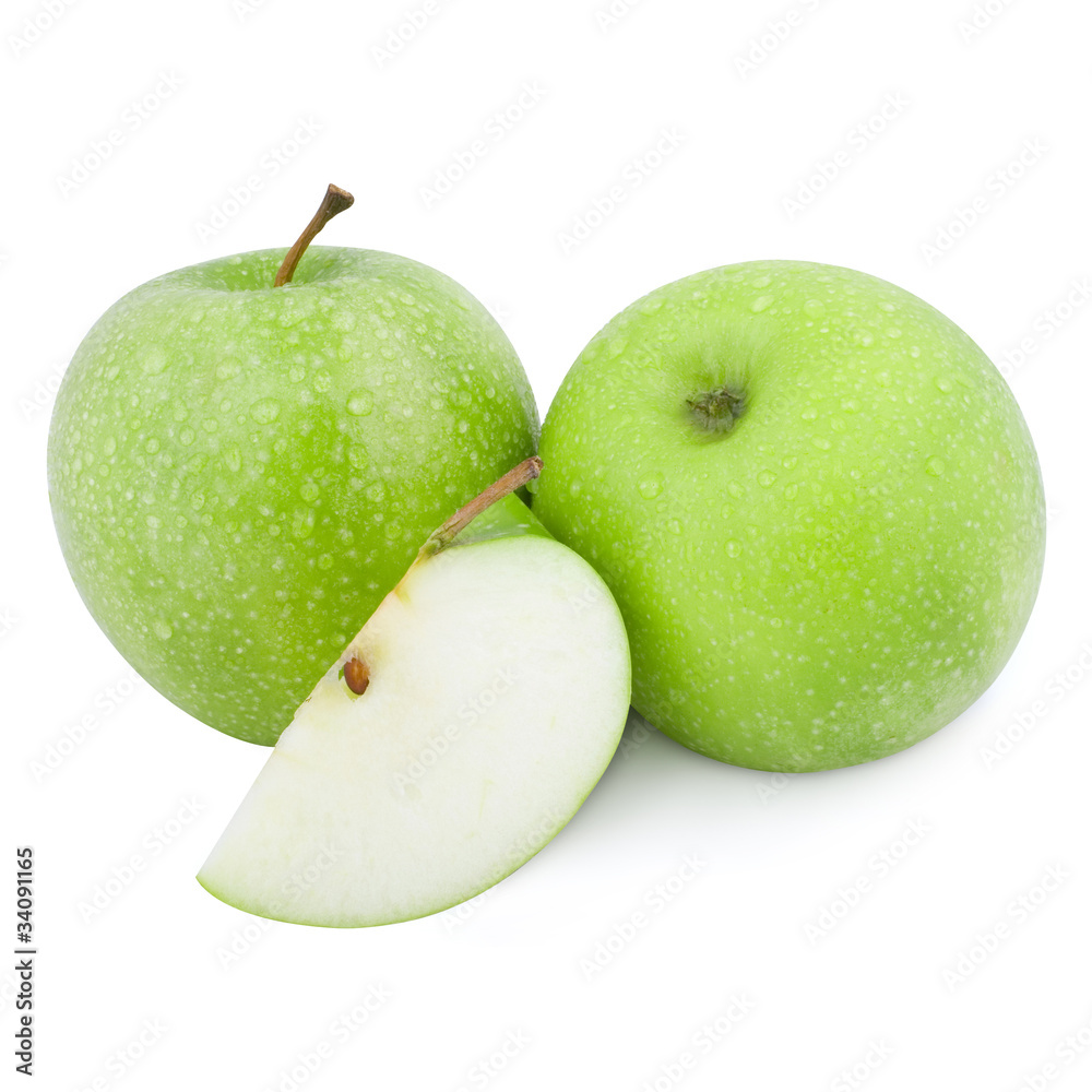 Green apple fruits and half of apple and green leaves isolated