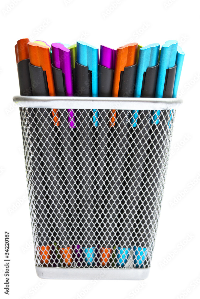 Multi-colored ballpoint pens in pencil holders