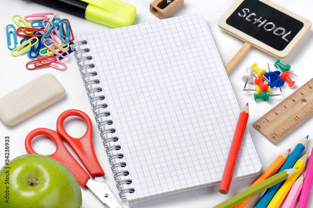 School stationery isolated with notebook copyspace