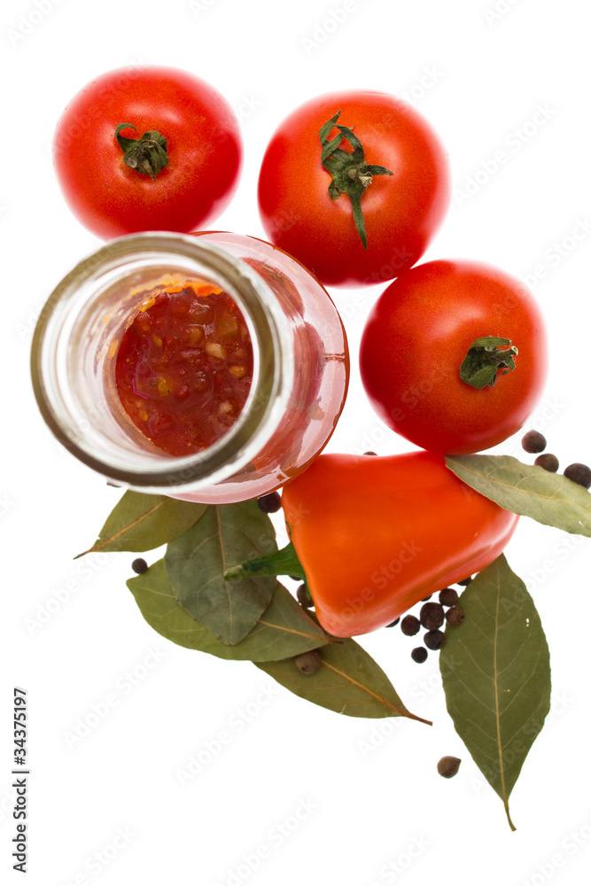 Red tomatoes, pepper, bay leaf, ketchup