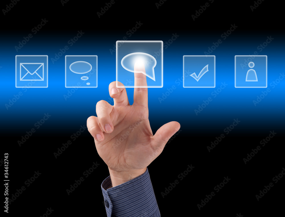 hand pushing a button on a touch screen interface