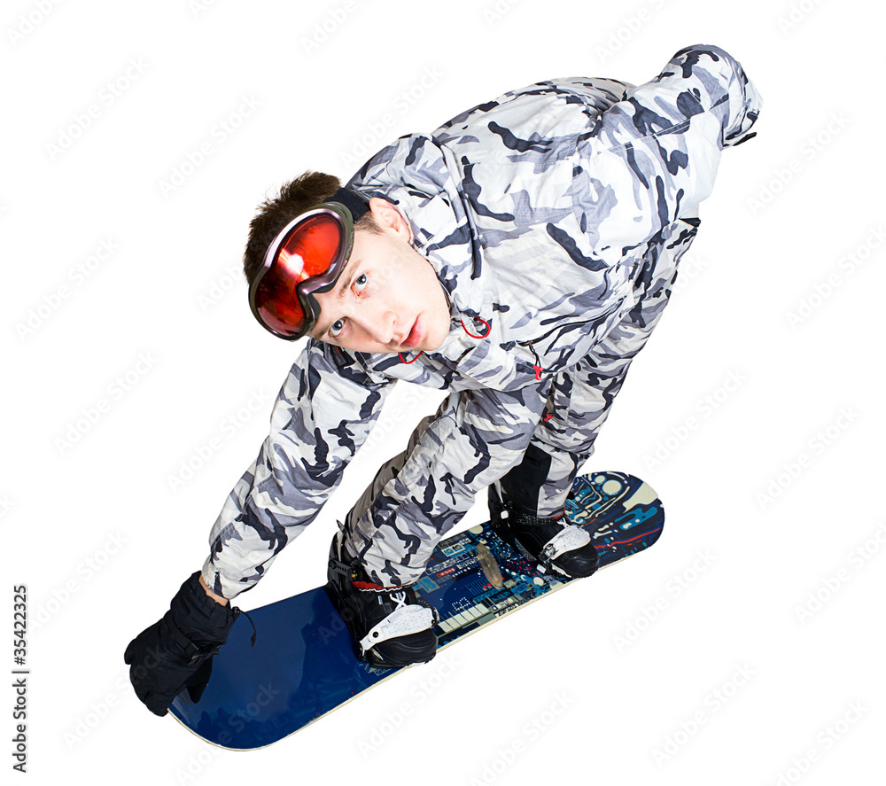 Portrait of handsome boy in sportswear with snowboard isolated o