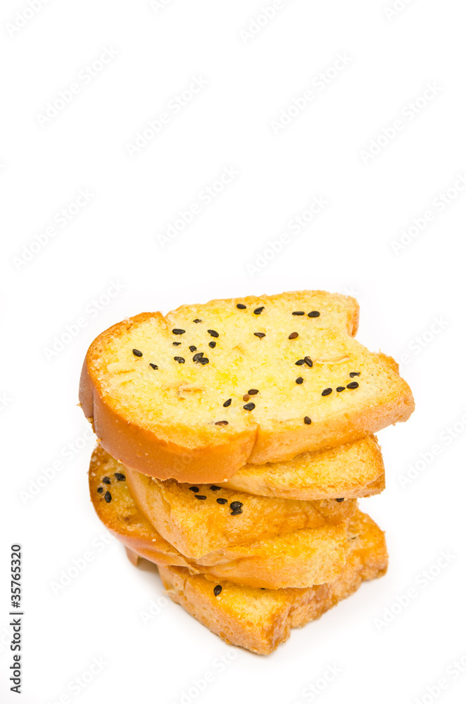 crispy bread with sesame on white background