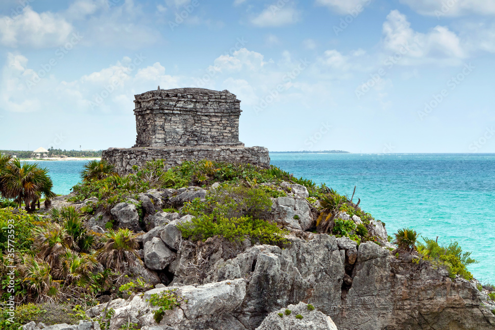 Archaeological ruins of Tulum at Caribbean Sea in Mexico