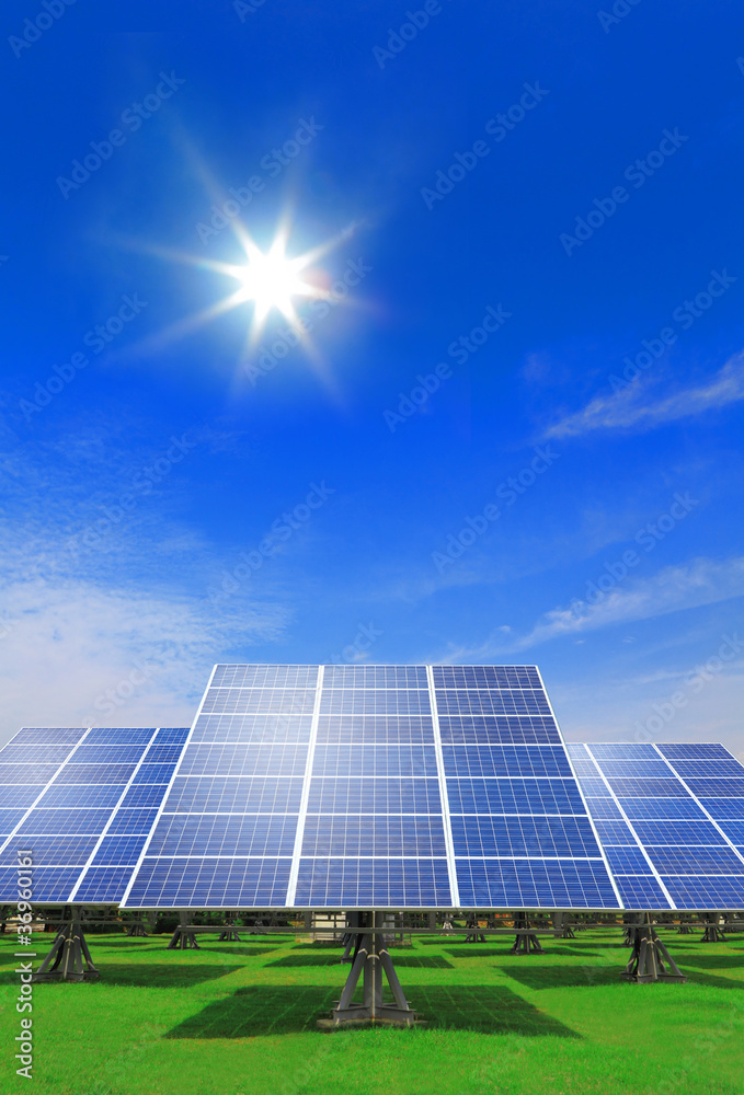 Solar Panel with green grass and beautiful blue sky