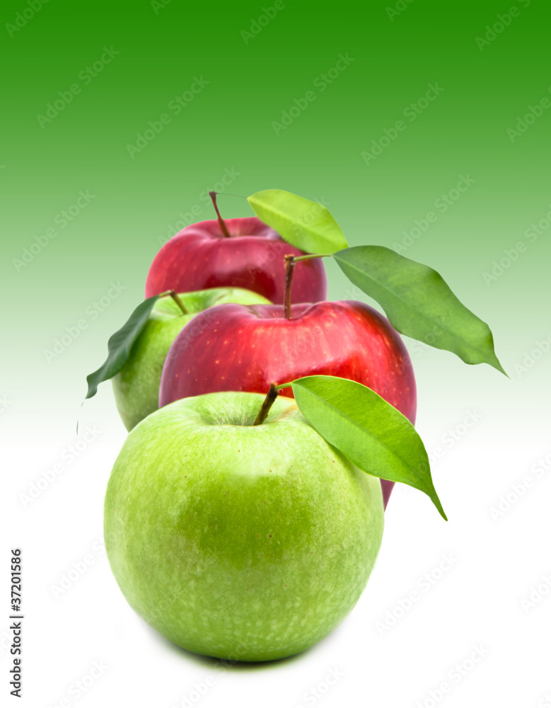 Red and green apples isolated on white-green background