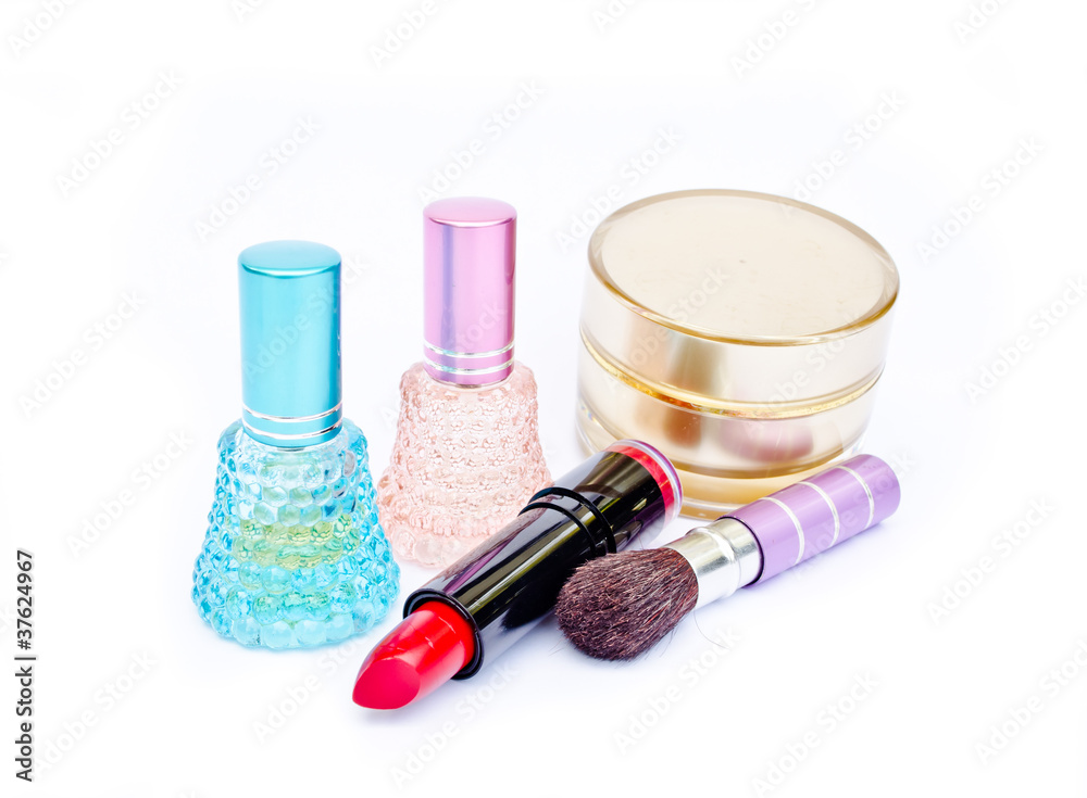 perfume ,lipstick and powder on white background