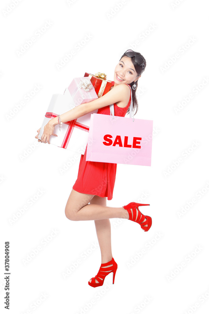 Shopping woman happy take big shopping bag and gift