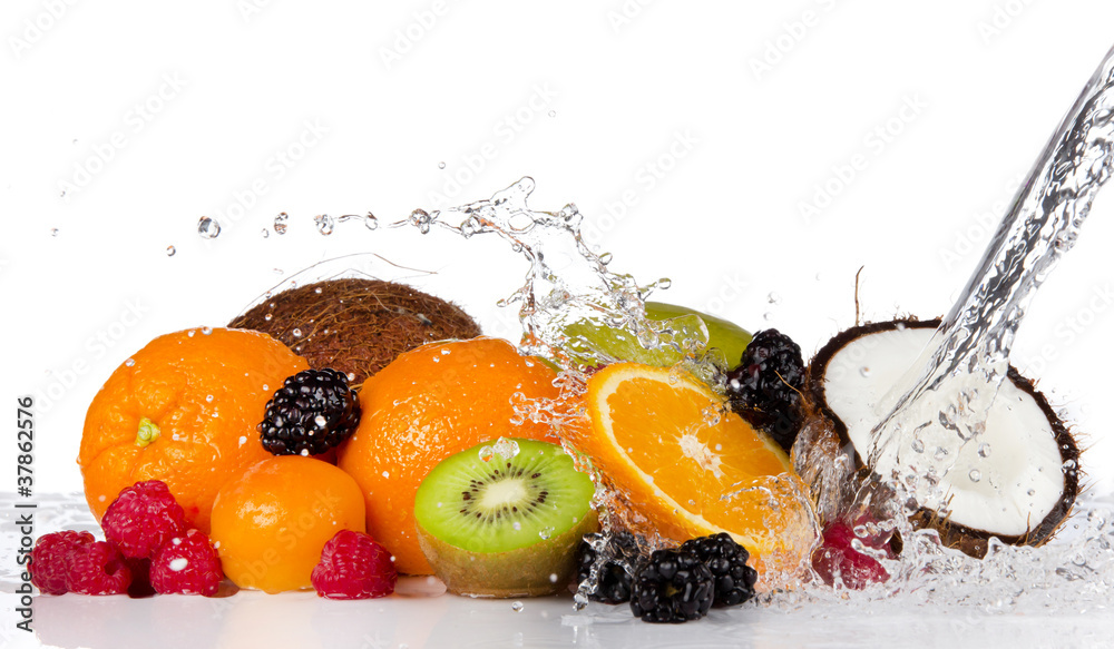 Fresh fruits in water splash, isolated on white background