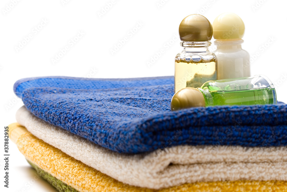 Towels and shampoo bottles