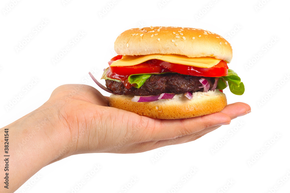 Tasty cheeseburger on female hand