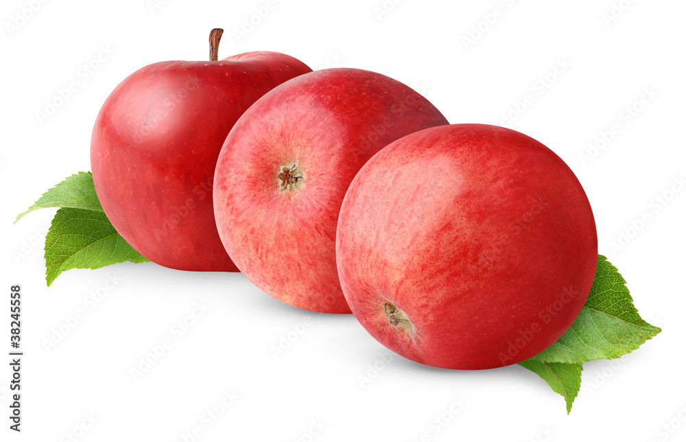 Isolated apples. Three red apples with leaves isolated on white background