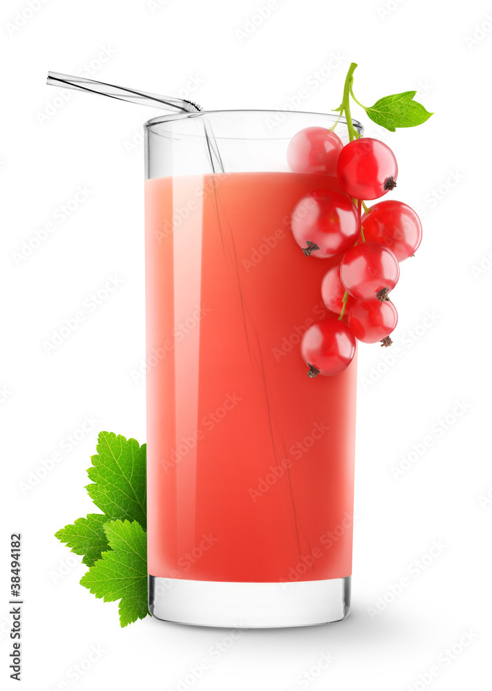 Isolated glass. Red currants drink and fresh berries isolated on white background