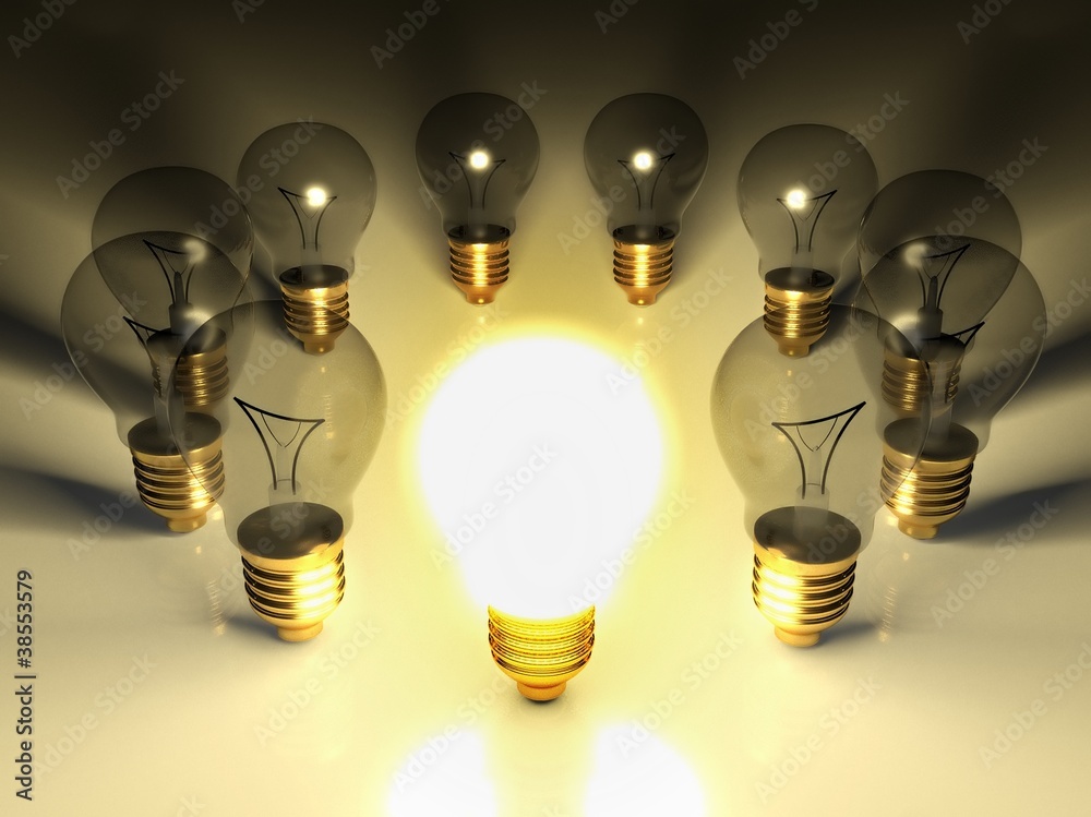 One glowing light bulb and other light bulbs, concept of idea