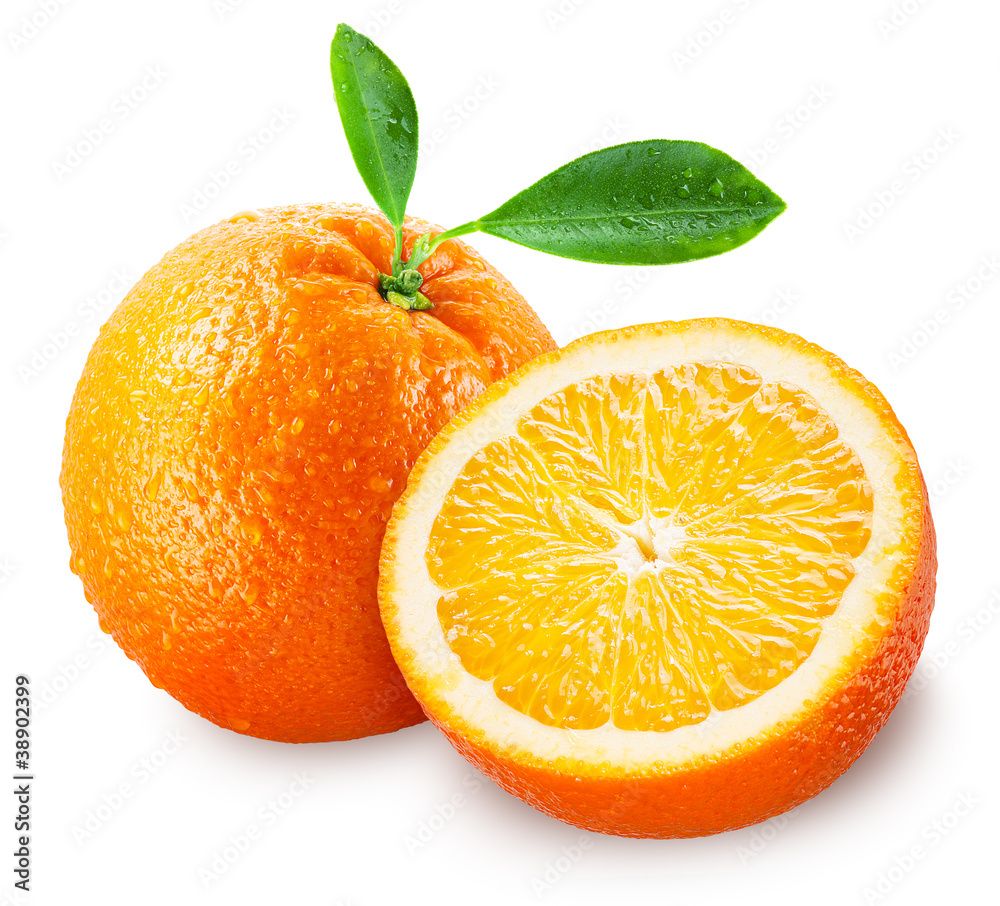 Sliced orange fruit with leaves isolated on white background + c