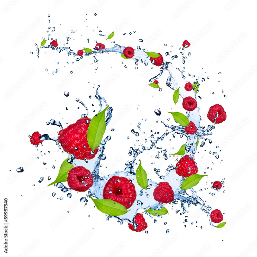 Fresh raspberries falling in water splash on white background