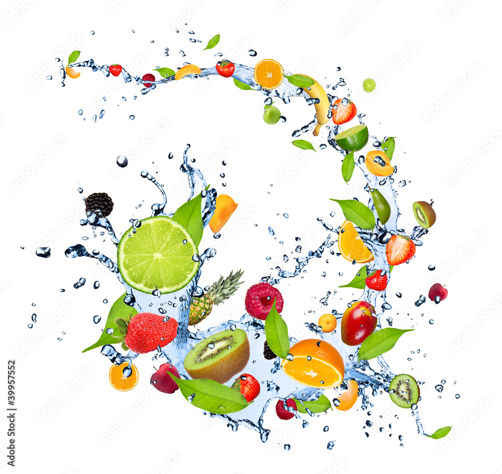 Fresh fruits falling in water splash on white background