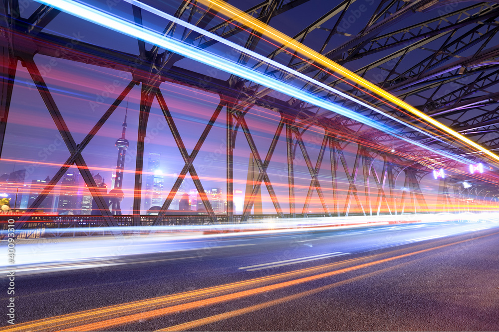 light trails through the garden bridge in shanghai