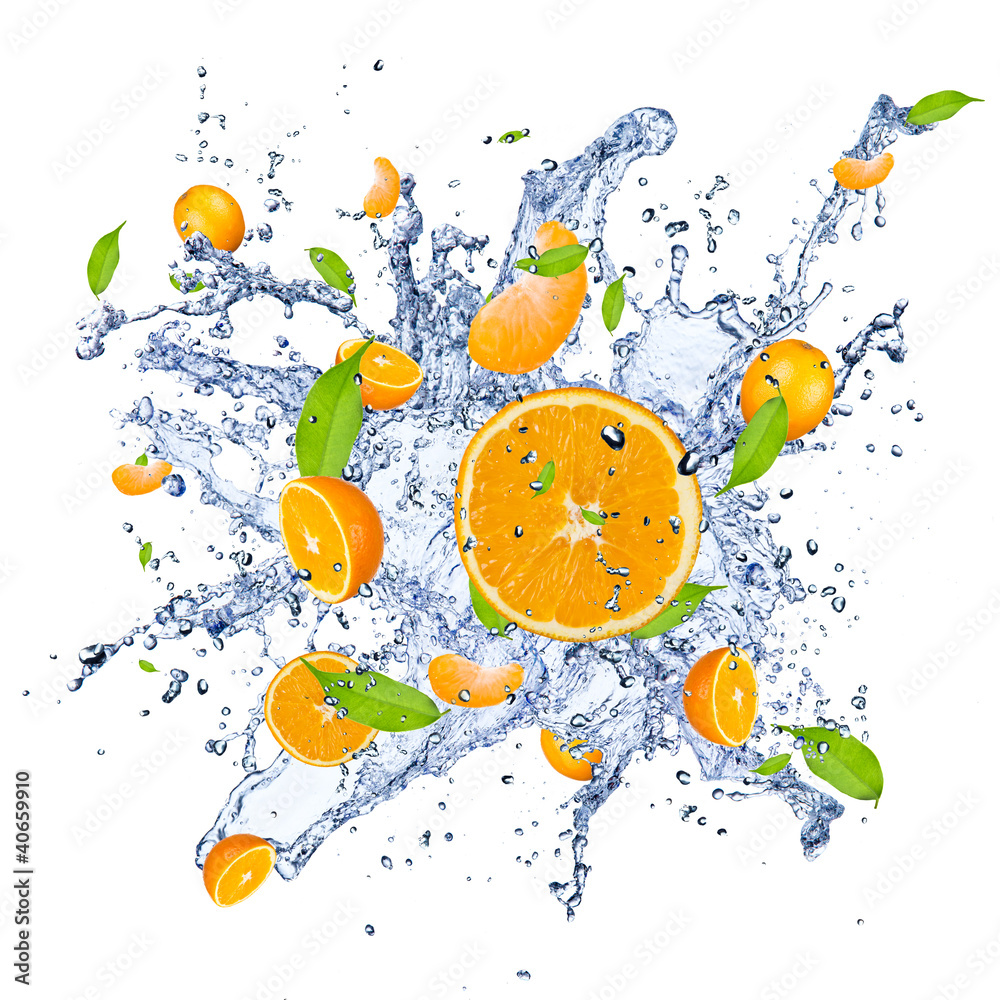 Fresh oranges in water splash , isolated on white background