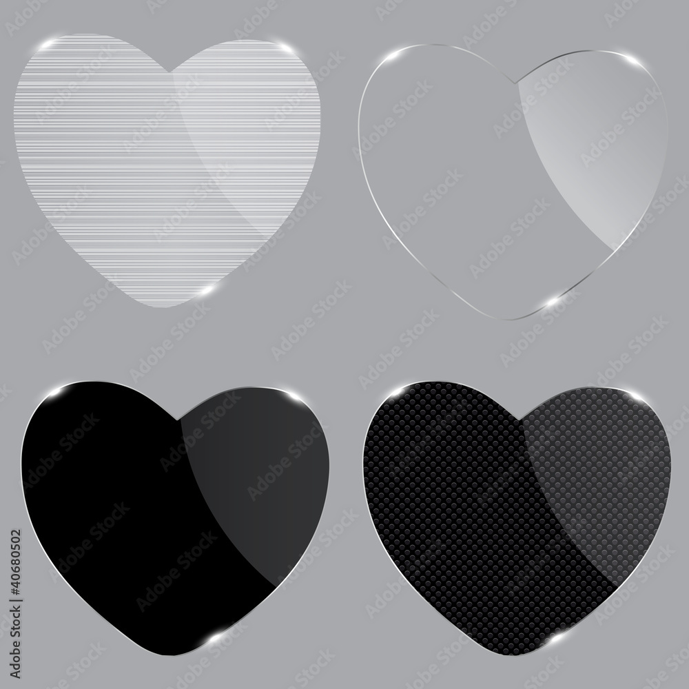 Set of realistic glass hearts. Vector illustration.