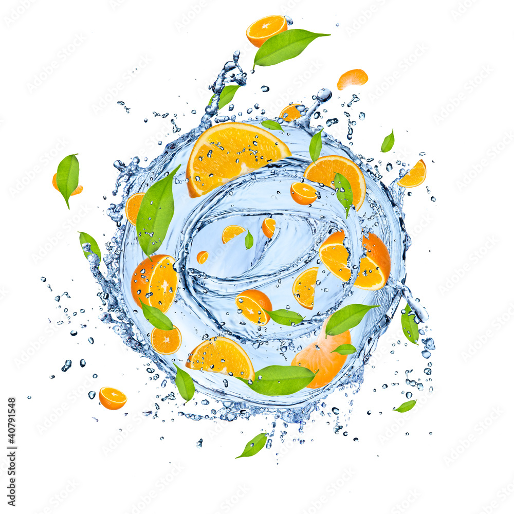 Fresh oranges in water splash , isolated on white background