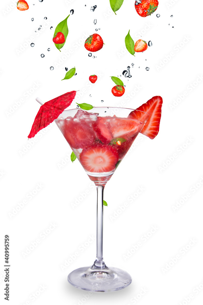 Strawberry mojito drink with falling strawberries