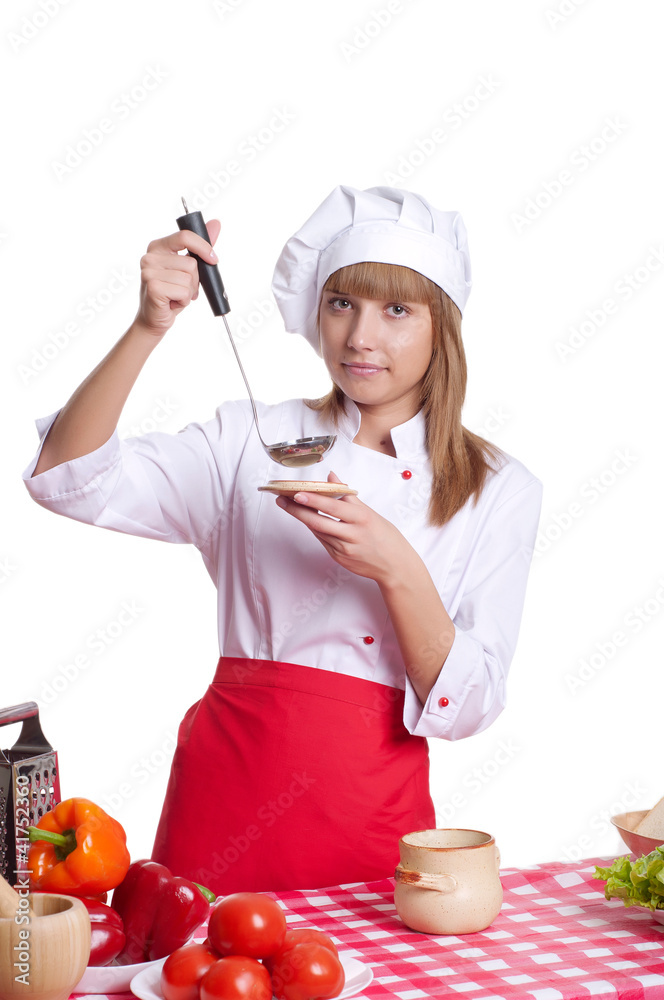 Attractive cook woman a over white background