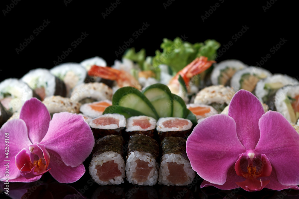 sushi set over black background