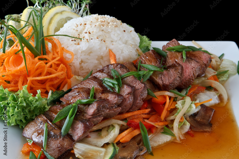 dinner plate with beef teriyaki