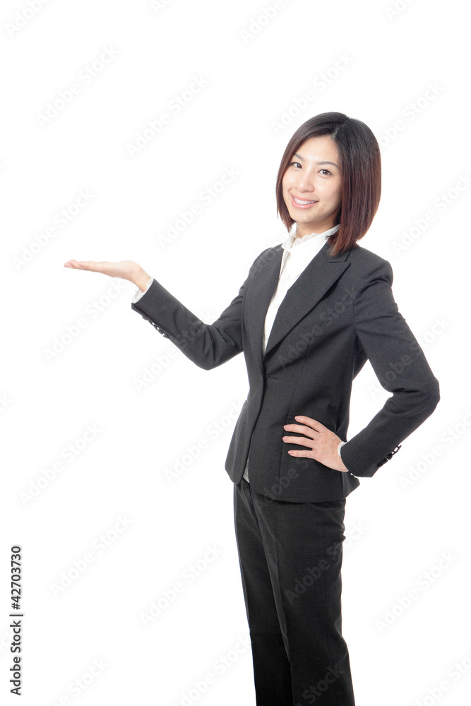 Business woman showing copy space by hand