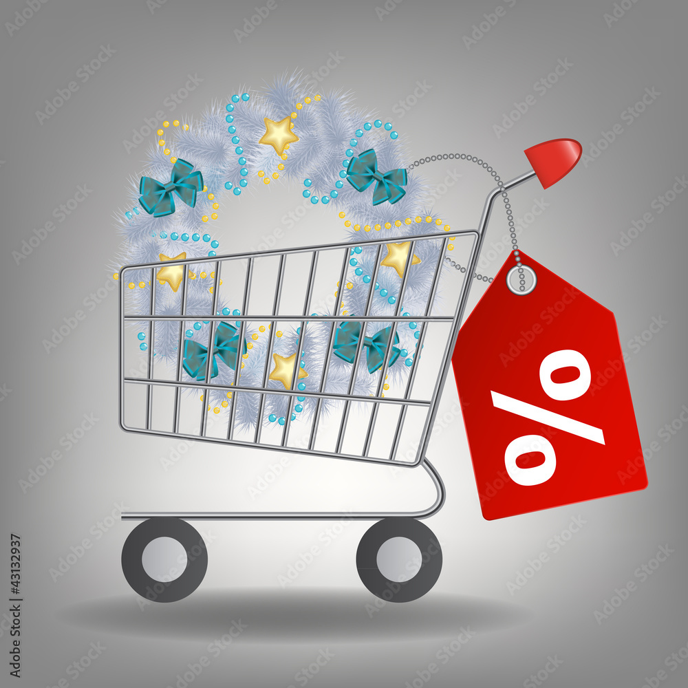 Shopping cart and christmas wreath. Vector illustration.