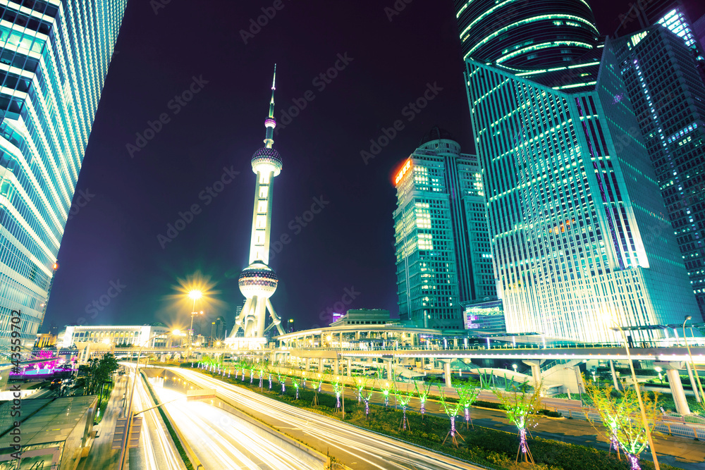 the light trails on the modern building background