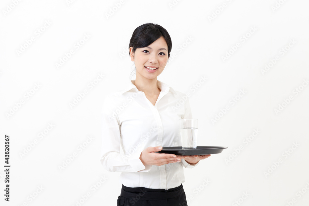 a portrait of asian waitress on white background