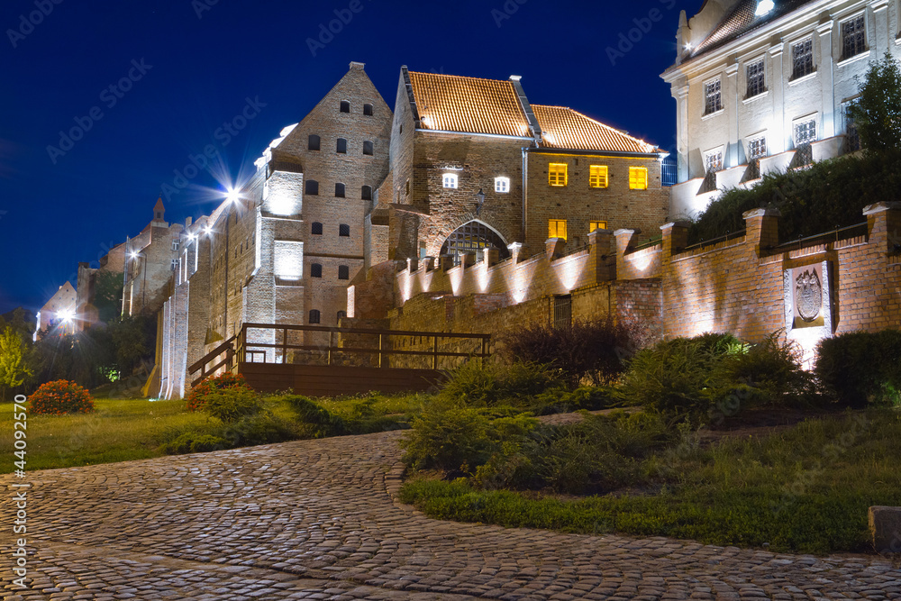 Water gate in Grudziadz city at night,  Poland