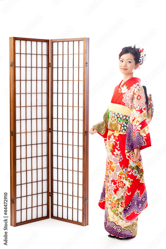 japanese kimono woman standing on white background