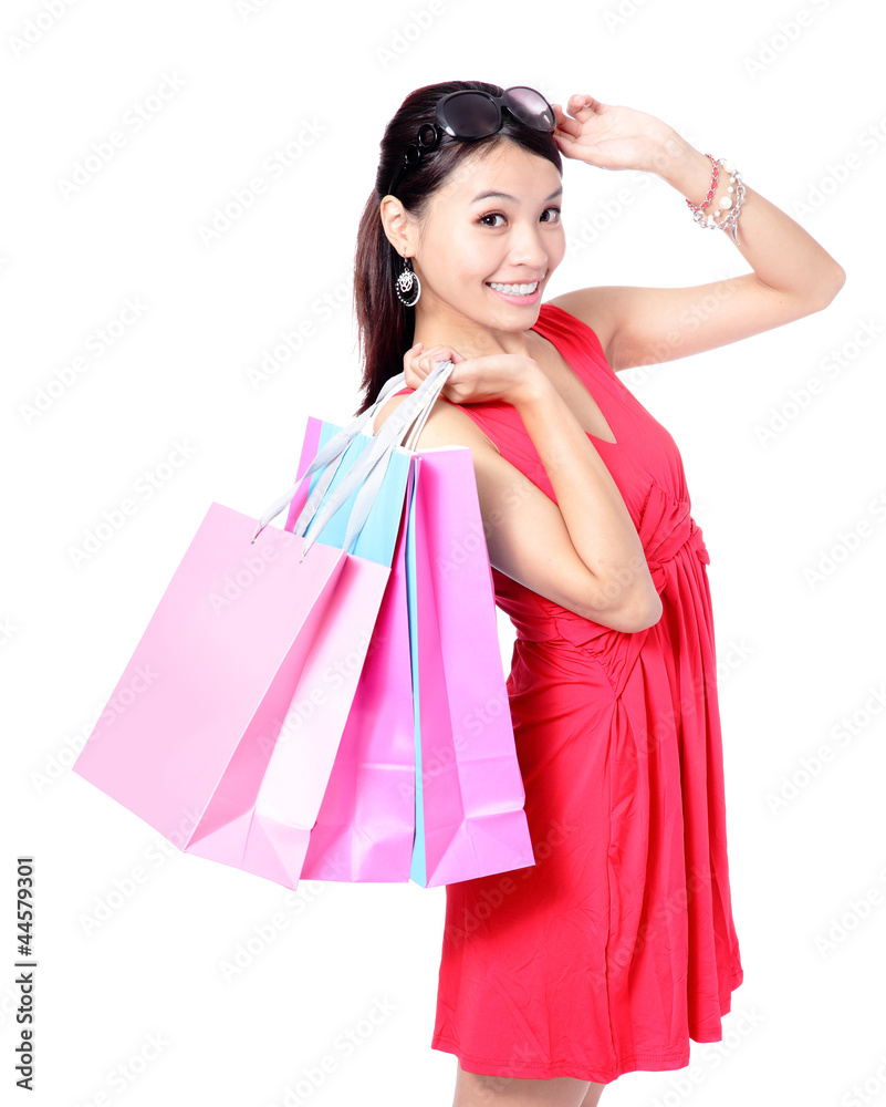 woman happy take shopping bags