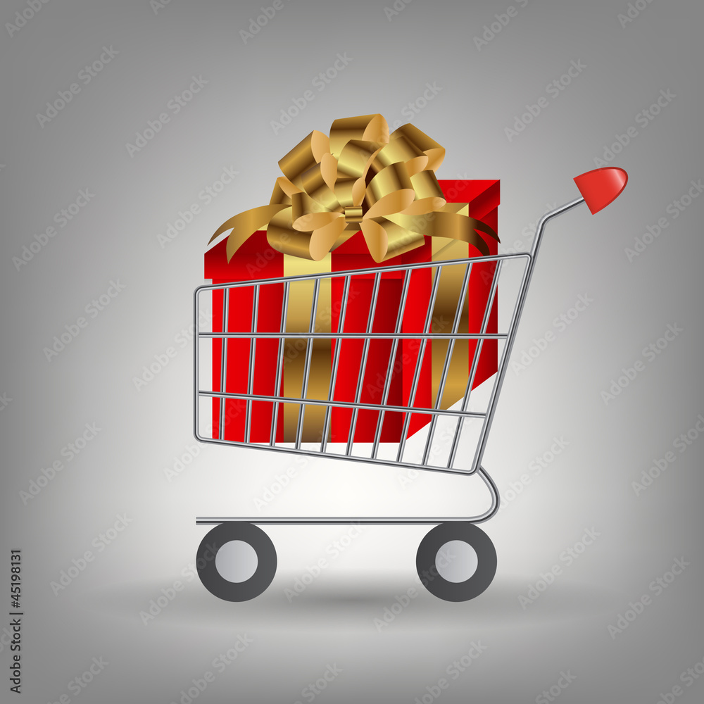 Shoping cart with Christmas gifts. Vector illustration