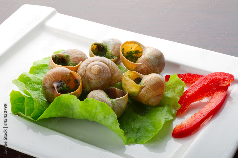 Dinner with French snails in garlic butter