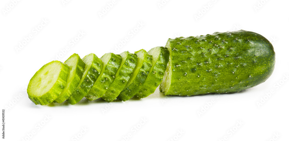 Cucumber and slices isolated over white background