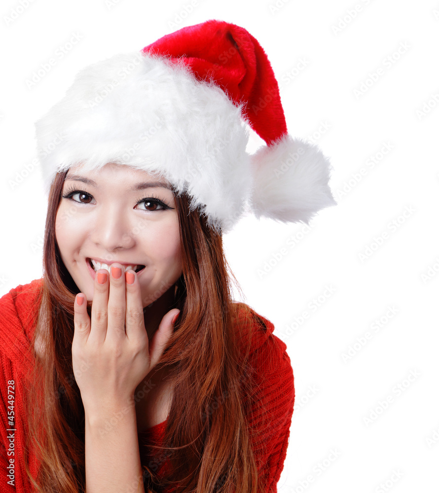 surprised Santa girl smile covering her mouth