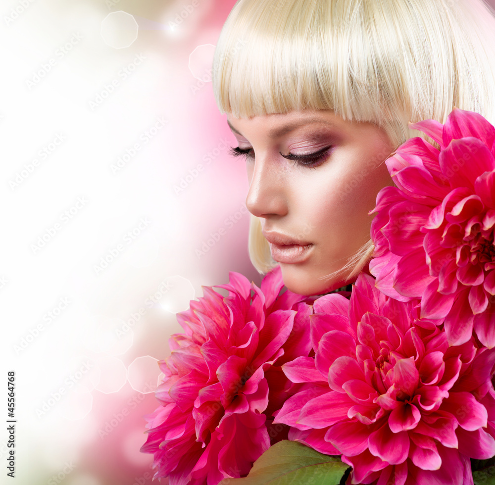 Fashion Blond Girl with Big Pink Flowers