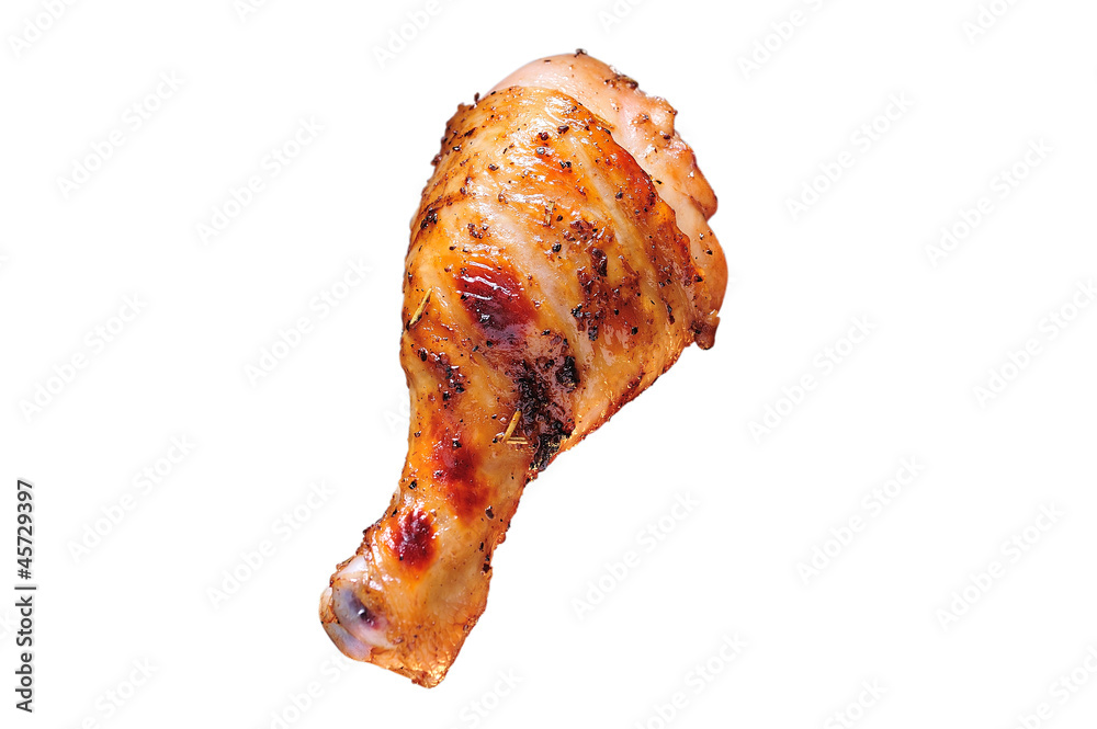 Grilled chicken leg on white background.