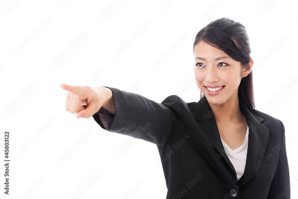 asian businesswoman pointing on white background