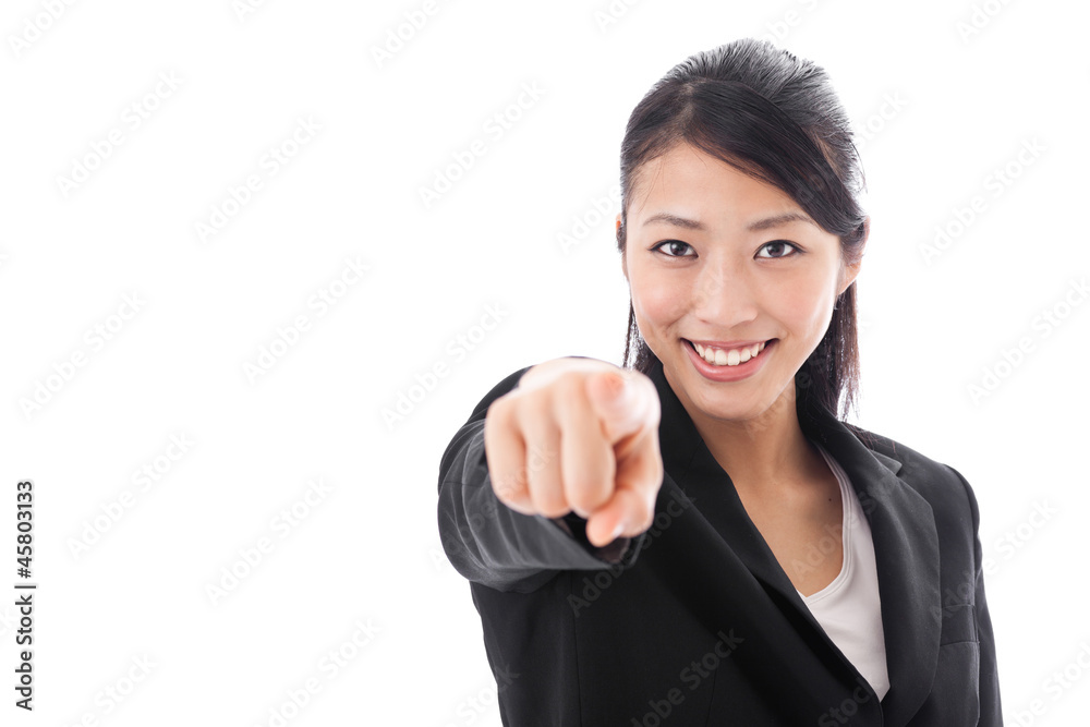 asian businesswoman pointing on white background