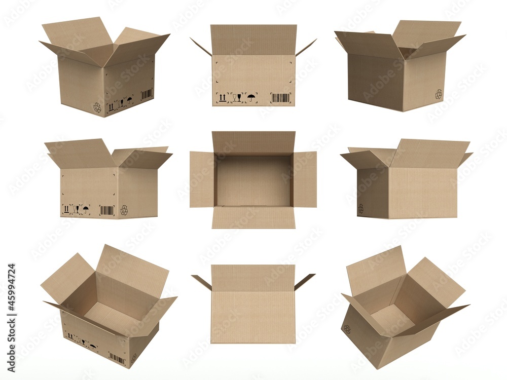 Set of icons, open cardboard boxes isolated on white