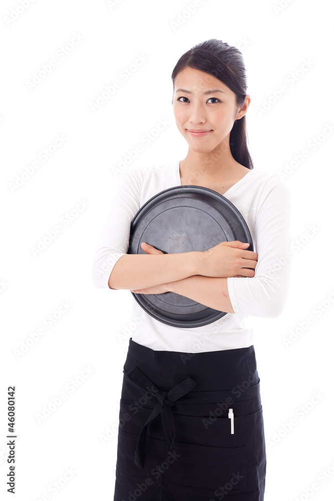 a young asian waitress on white background