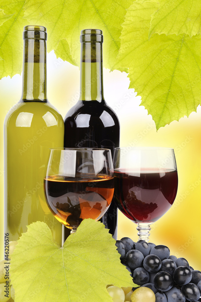 Wine bottle, glass and grapes