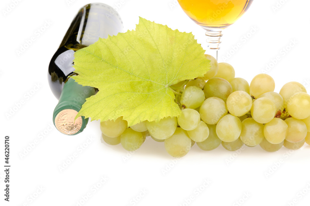 Wine bottle, glass and grapes