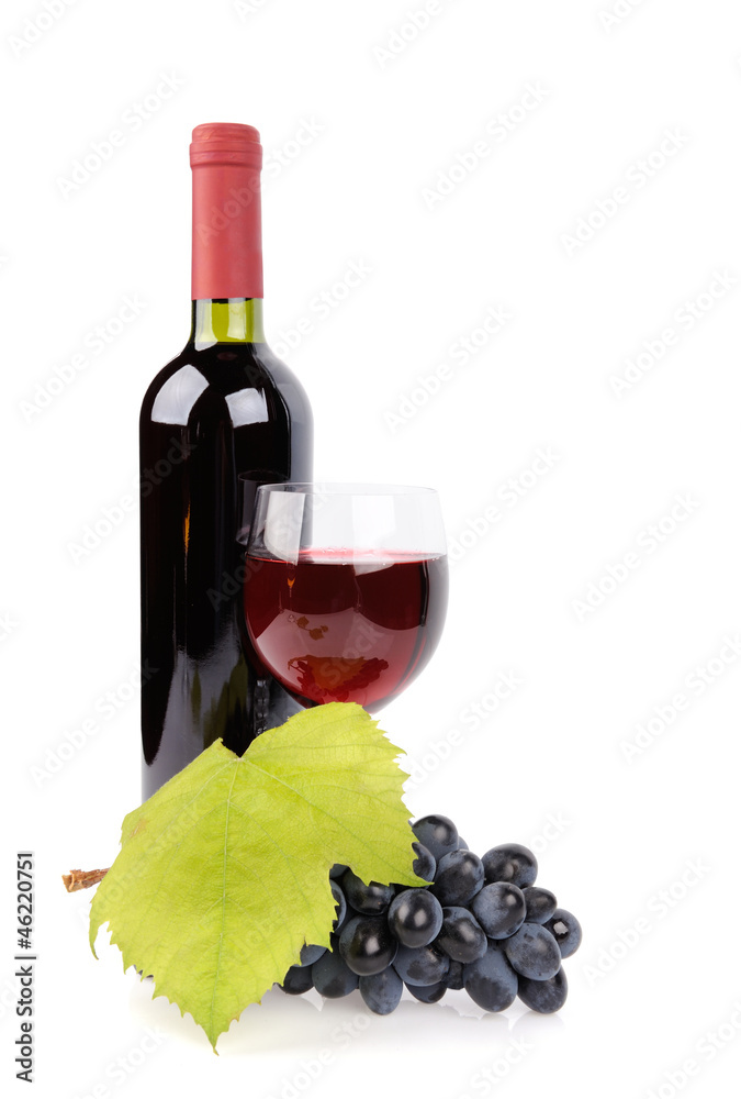 Wine bottle, glass and grapes