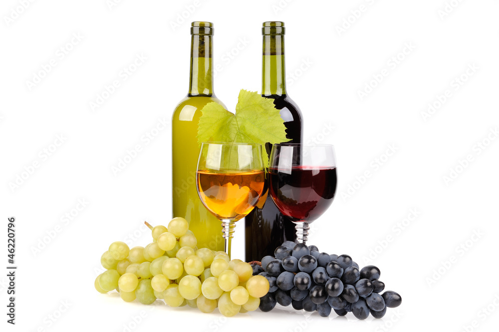 Wine bottle, glass and grapes